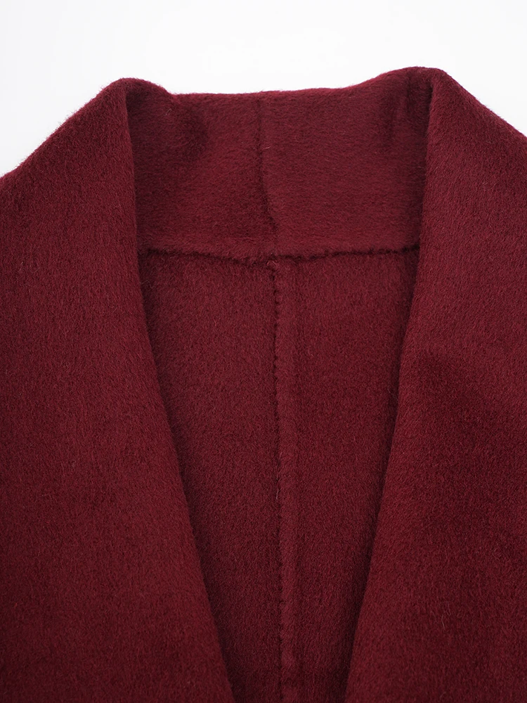 [EAM] Wine Red Cuff Fur Belted Big Size Woolen Coat New Lapel Long Sleeve Women Jacket Fashion Tide Autumn Winter 2024 CPG2463