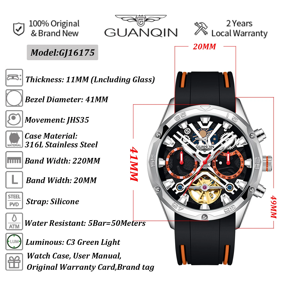 GUANQIN Automatic Watch For Men Mechanical Watches Mens 2023 Sports Tourbillon Moon Phase Clock Waterproof Luminous Reloj Hombre