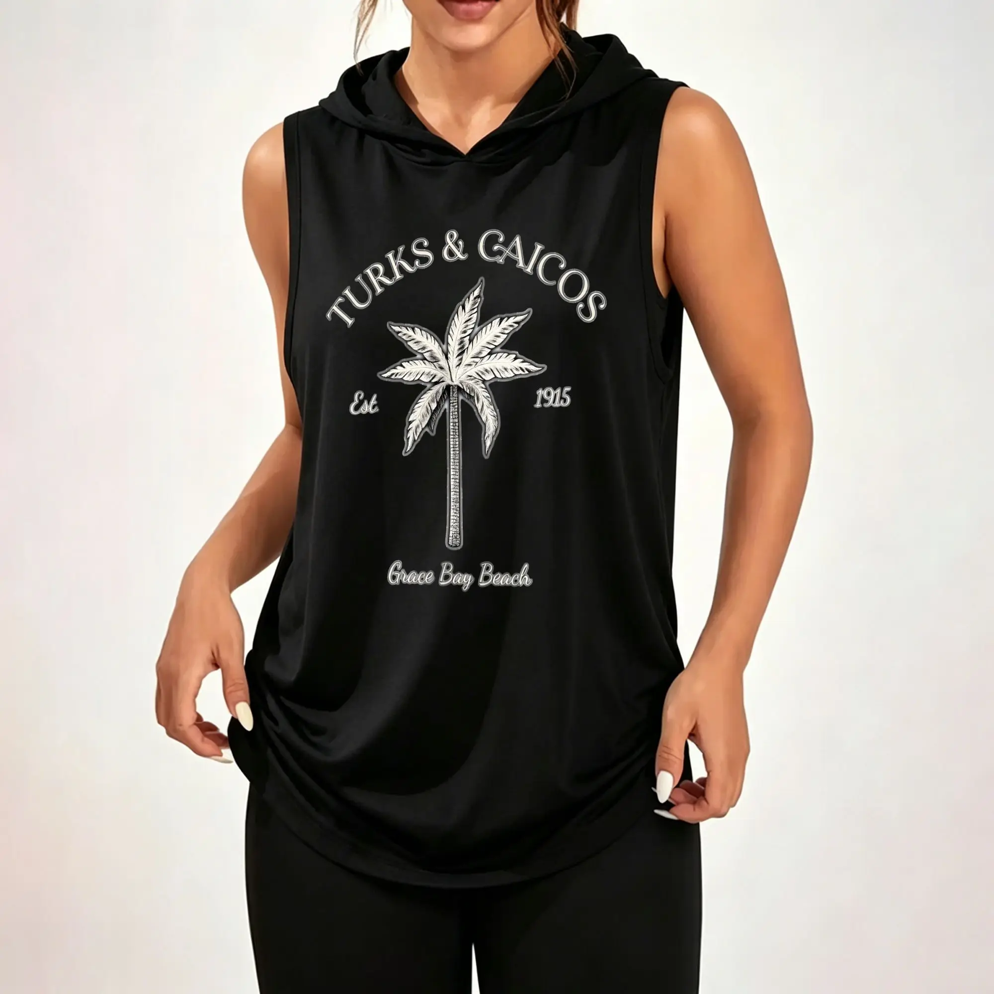 Women Sleeveless Hooded Tank Top, Turks & Caicos Grace Bay Beach Palm Tree Vintage Letter Graphic Print Casual Hooded Sleeveless Tank Top ****