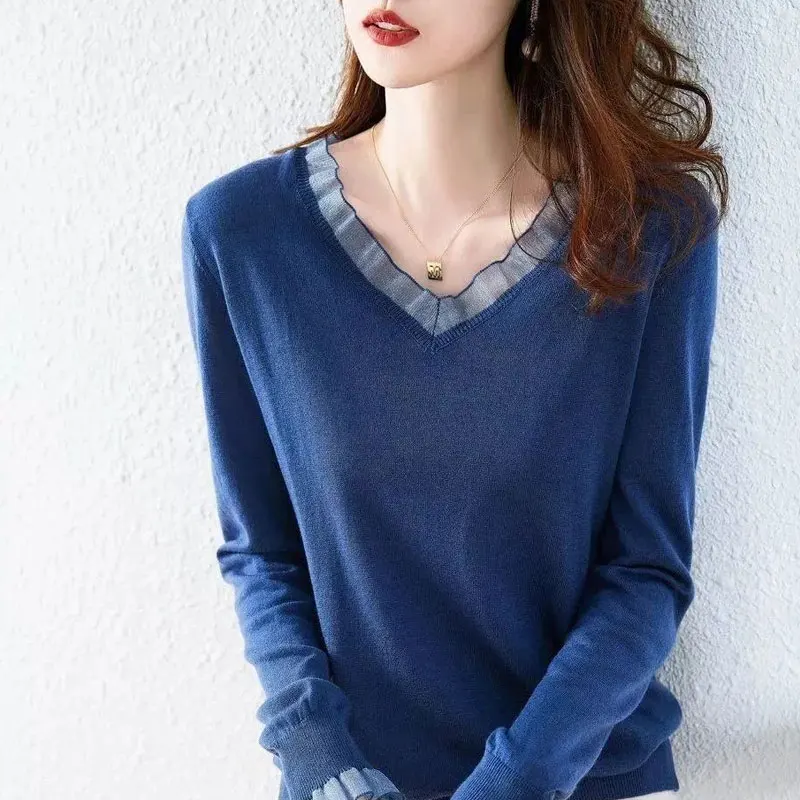 

Office Lady 2023 Spring Autumn Solid Color All-match T-shirt Ruffles Spliced Female Clothing V-Neck Basic Long Sleeve Pullovers