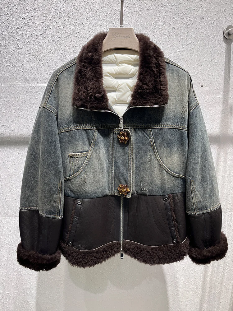 秋冬の女性のデニムホワイトダックダウンコート天然本物のラム羊の毛皮の襟付き女性アウター高級女性ジャケット