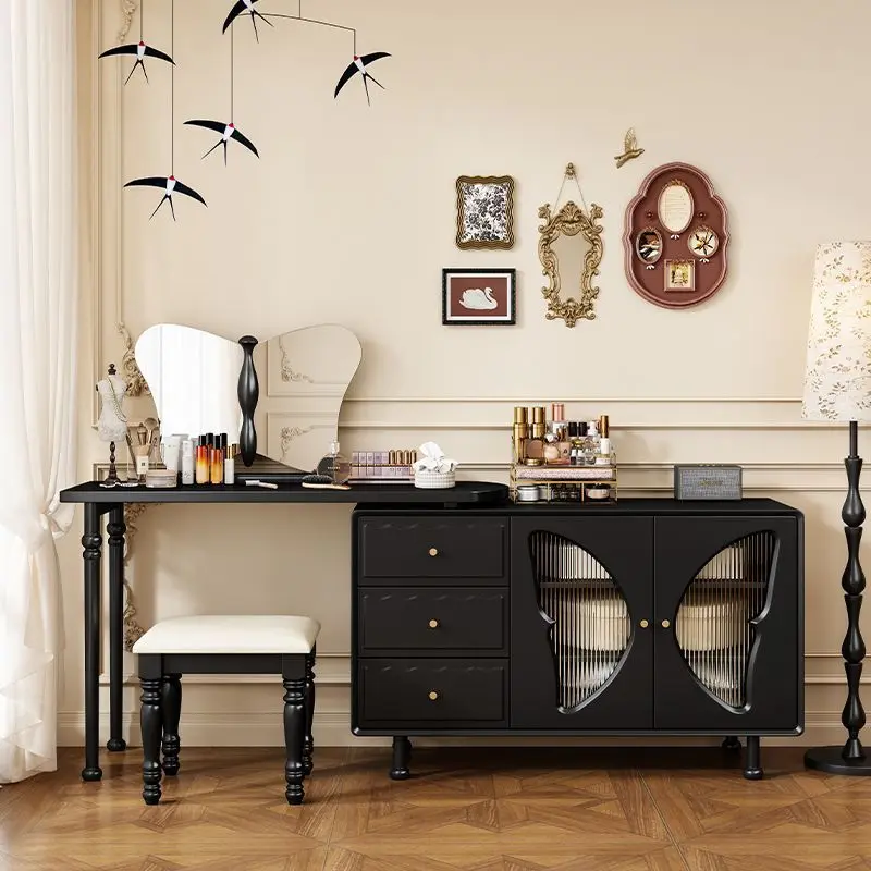 French retro solid wood dresser chest cabinet integrated American black corner makeup table small apartment storage cabinet