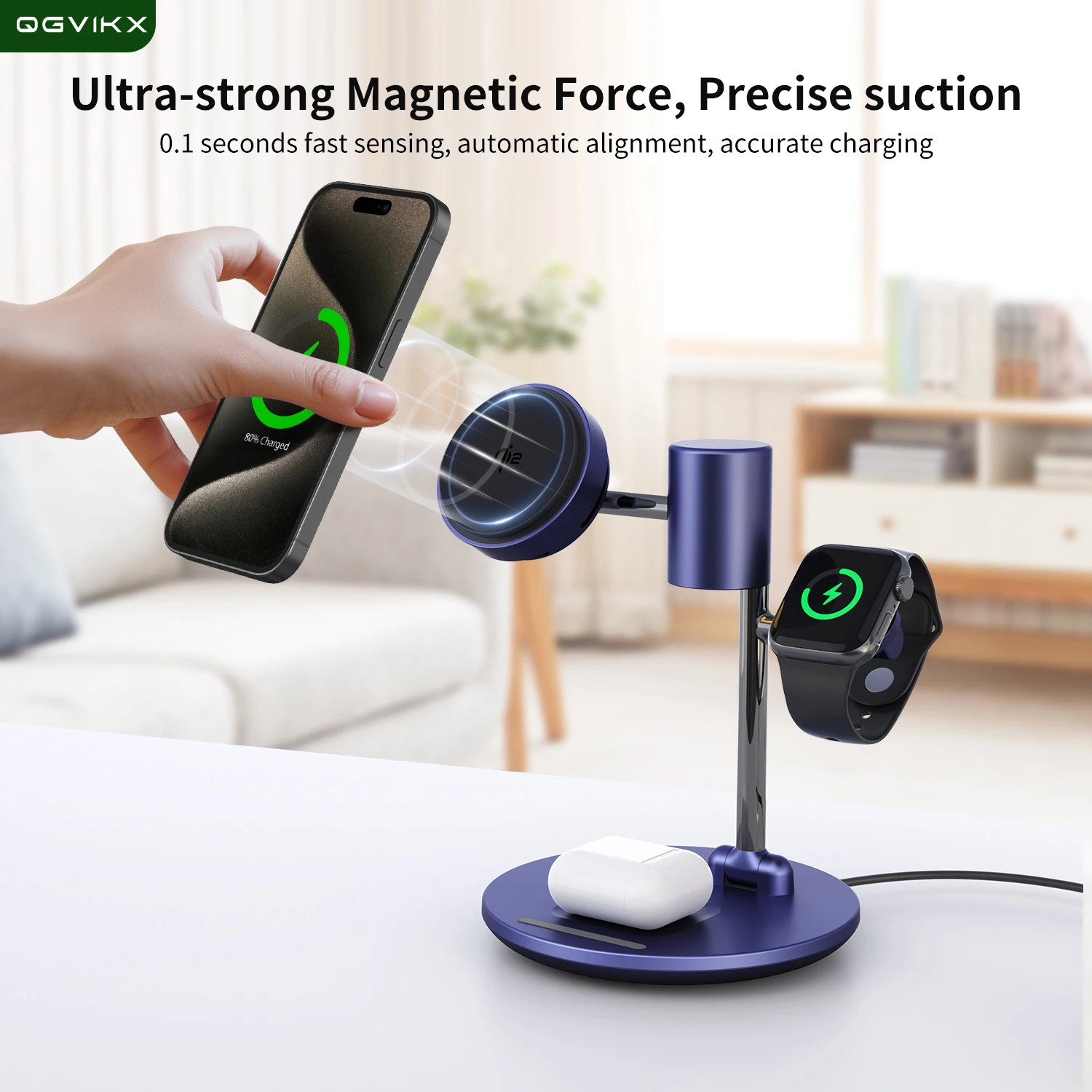 Qi2 15W 4-in-1 Magnetic Cooling Wireless Charger with Night Light Compatible with Apple and Samsung Phones Watches and Earphones
