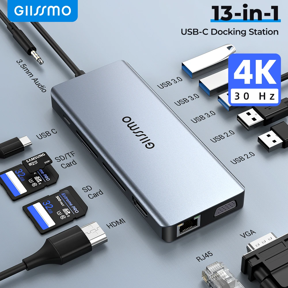 Giissmo 13-in-1 Docking Station 4K HDMI-compatible USB C Hub with VGA Ethernet 100W PD Multi Port Adapter for Laptop Accessories