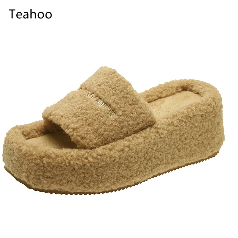 Thick Fluffy Fur Slippers 2023 New Women Winter House Warm Furry Slippers Women Flip Flops Home Slides Flat Indoor Floor Shoes