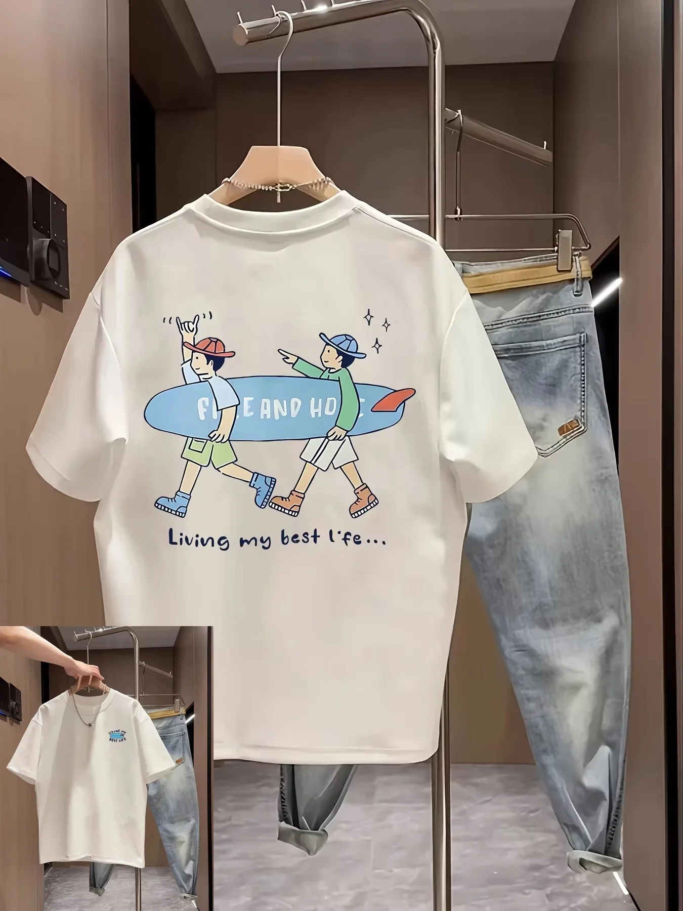 Men Back Printed Short Sleeve Tee with Vivid Surfer Cartoon Graphic, Trendy Summer Beach Outfit Loose Cut Top for Daily Vacation