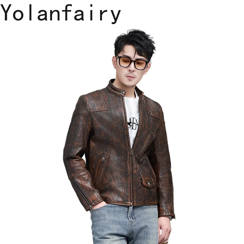 

YOLANFAIRY Мужская кожаная куртка из воловьей кожи с верхним слоем, короткие куртки из 100% натуральной кожи, облегающее винтажное кожаное пальто с воротником-стойкой