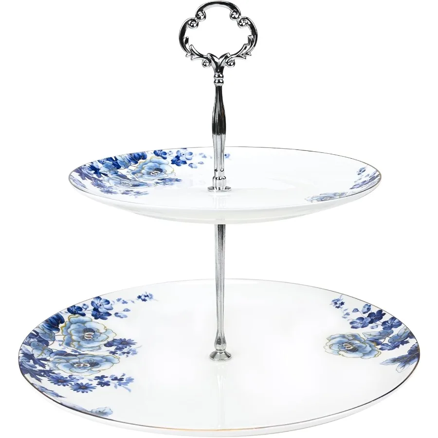 

2-уровневая подставка для послеобеденного чая, фарфоровая подставка для кексов, сервировочный поднос, синий и белый костяной фарфор, подставка для торта, подставка для сервировки кондитерских изделий для Te