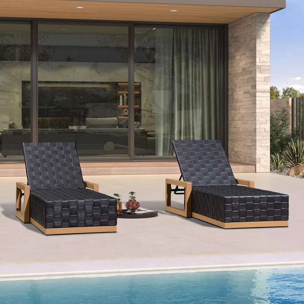 Outdoor Chaise Lounge Set of 2, PU Leather Patio Lounge Chair Aluminum Pool Lounge Chairs with 5-Position Adjustable Backrest view 2