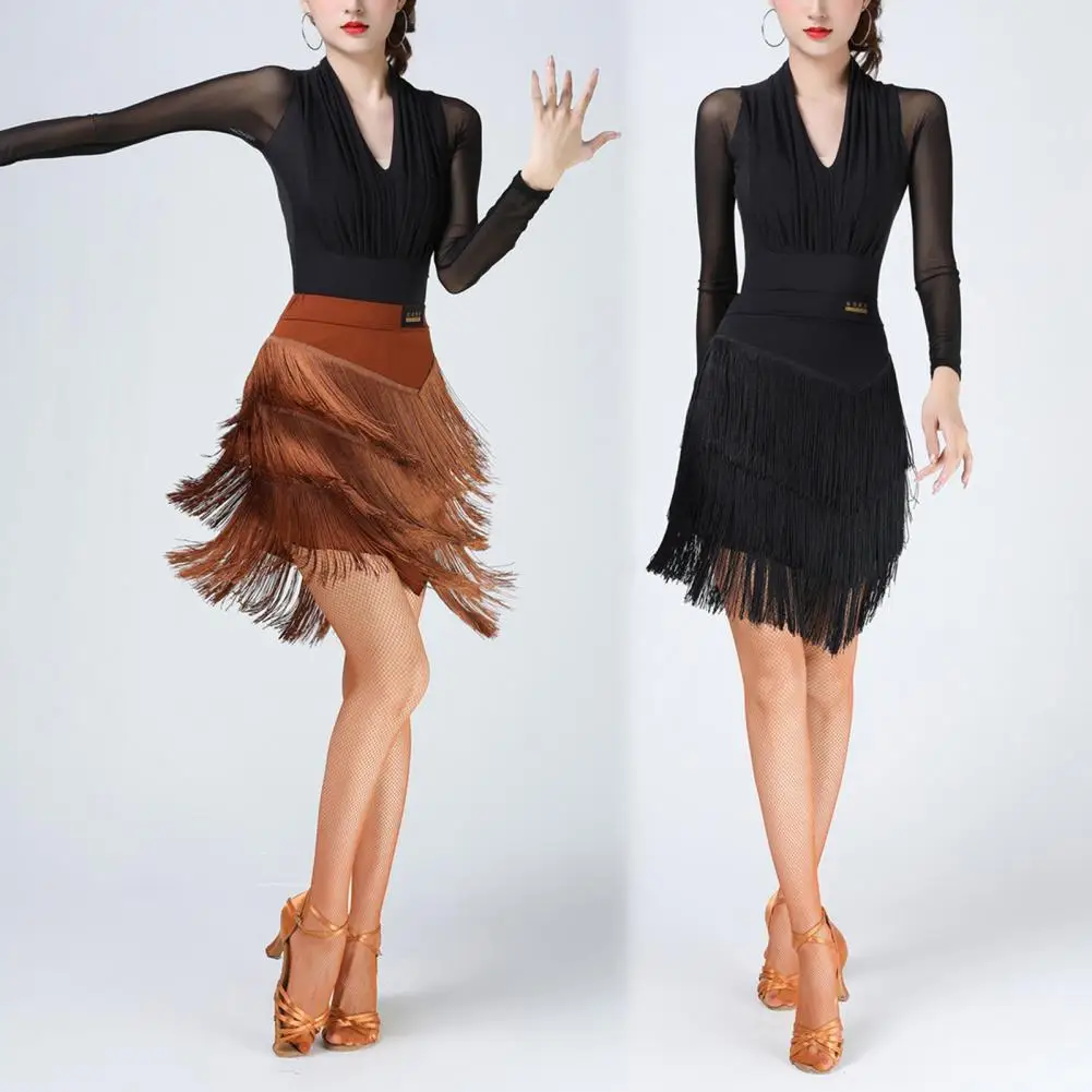 Latin Dance Skirt Adult Female Tassel Short Skirt Womens Square Dance Irregular Fringe Dress Black Practice Skirt Ballroom Dress