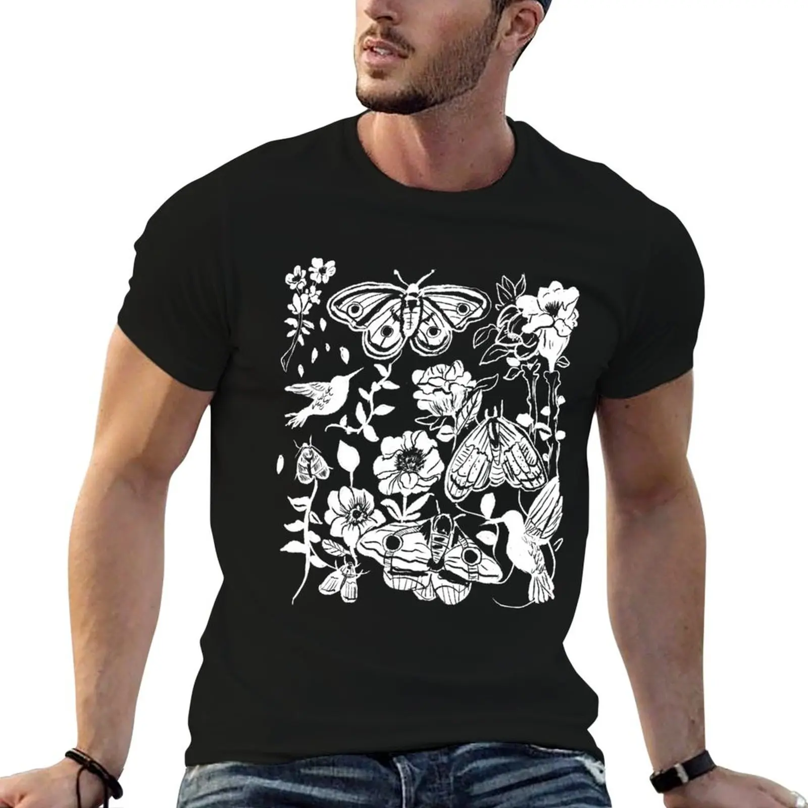 Moths & Flowers Witchy Gothic Punk Collage T-Shirt Basic Casual Short Sleeve Cotton Shirt