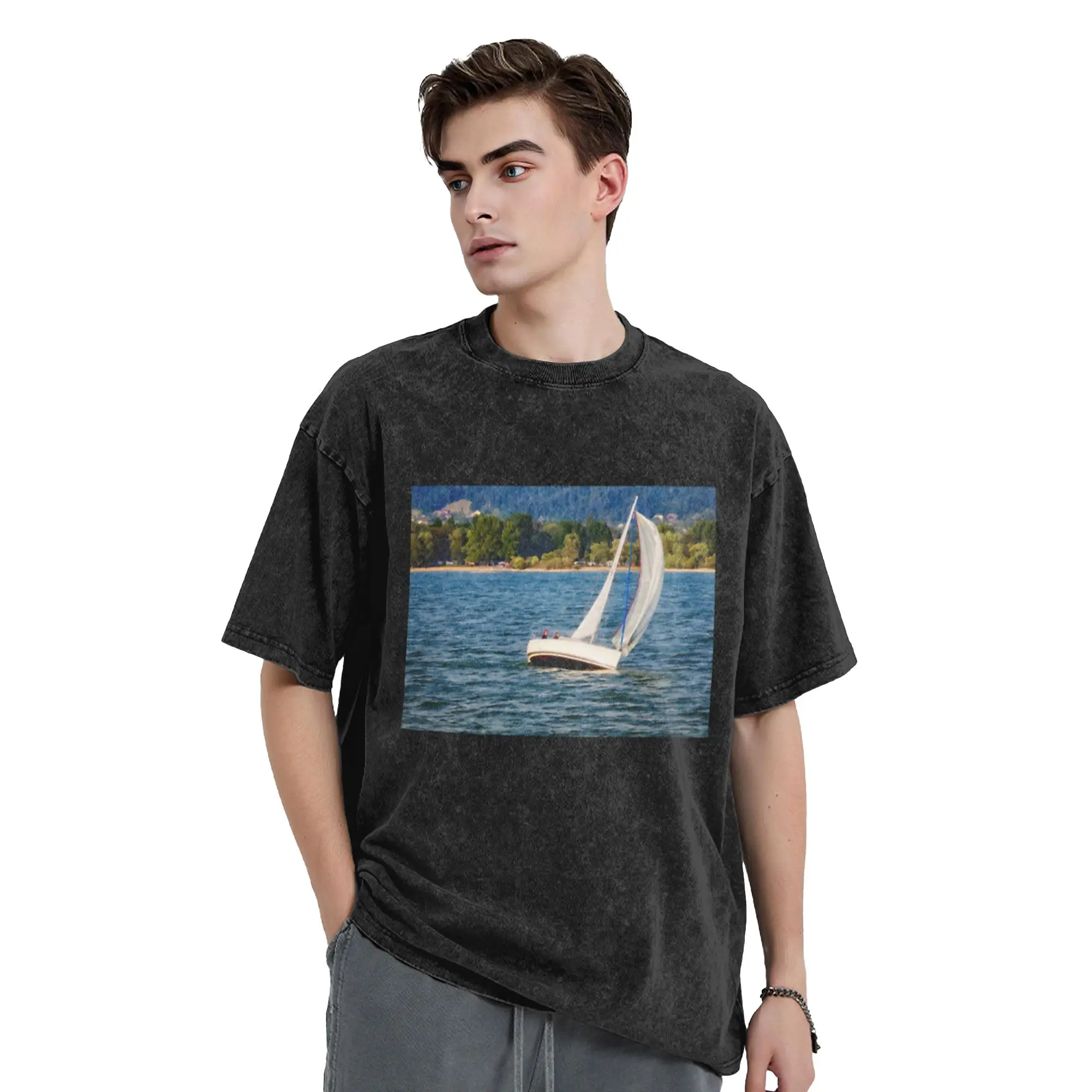 Summertime on Lake Constance  Germany Classic Trendy A Washed T Shirt Men's Women's Oversized Cotton Tees Tops
