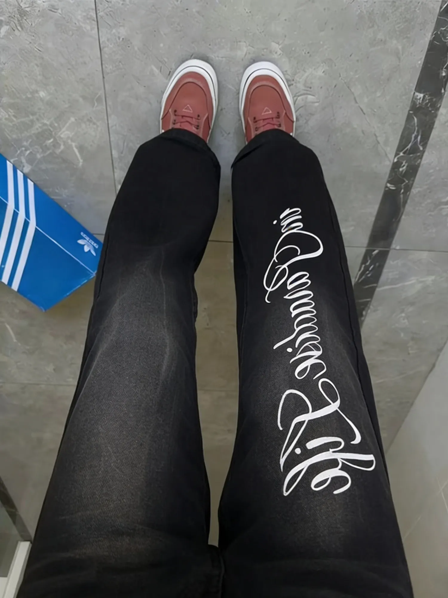 

Black Lightning Print Flared Jeans Men's American High Street Letter Print Slimming Straight Leg Long Pants mid Waist Zipper ...