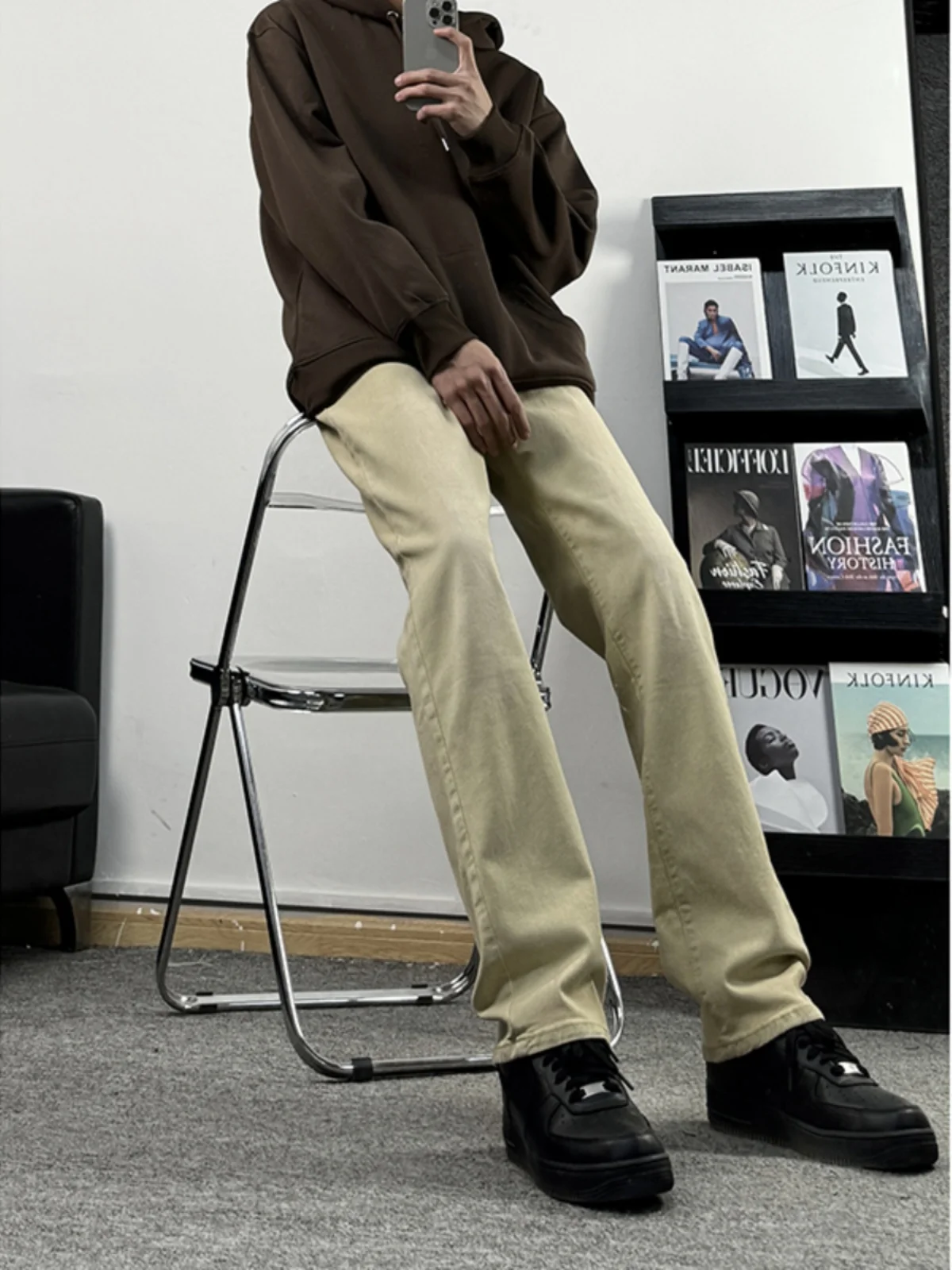 

Cleanfit American High Street Yellow Mud Color Elastic Jeans Men's Spring Autumn Slim Straight Tube Pants Youth Fashion