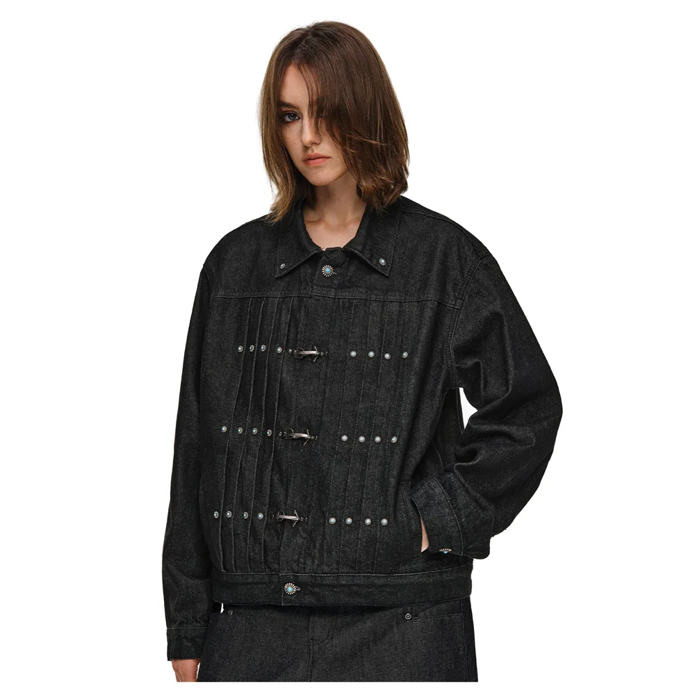 Airplane Buckle Denim Short Jacket Men Streetwear Fashion Hip Hop Turquoise Button Jeans Jacket Unisex Spring Autumn Cowboy Coat