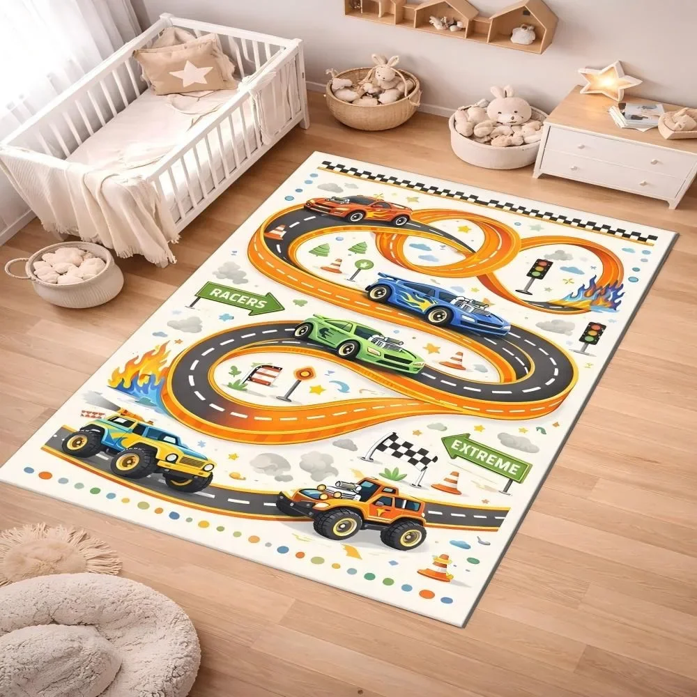Kids Racing Track Carpet Mat Rug Home Decoration Car Theme Game Floor Area Rug Children Bedroom Playroom Sport Pattern Carpet