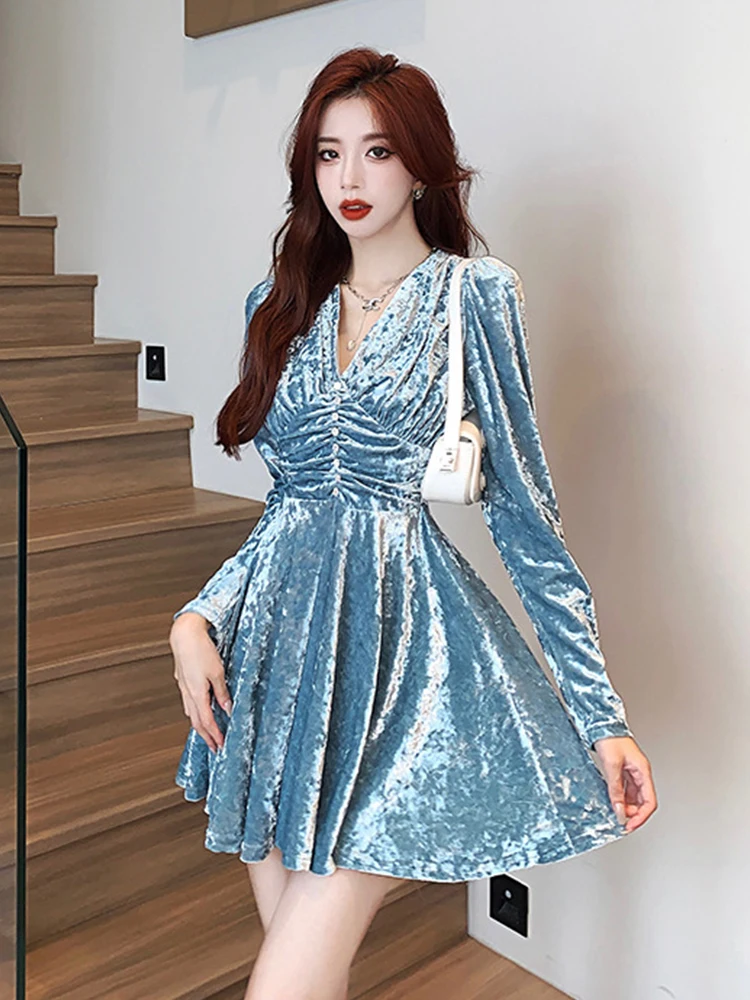 

New Fashion Velvet Vintage A-Line Short Dress Ladies Women Elegant Sweet V-Neck Long Sleeve Mini Mujer Vestidos Street Clothes