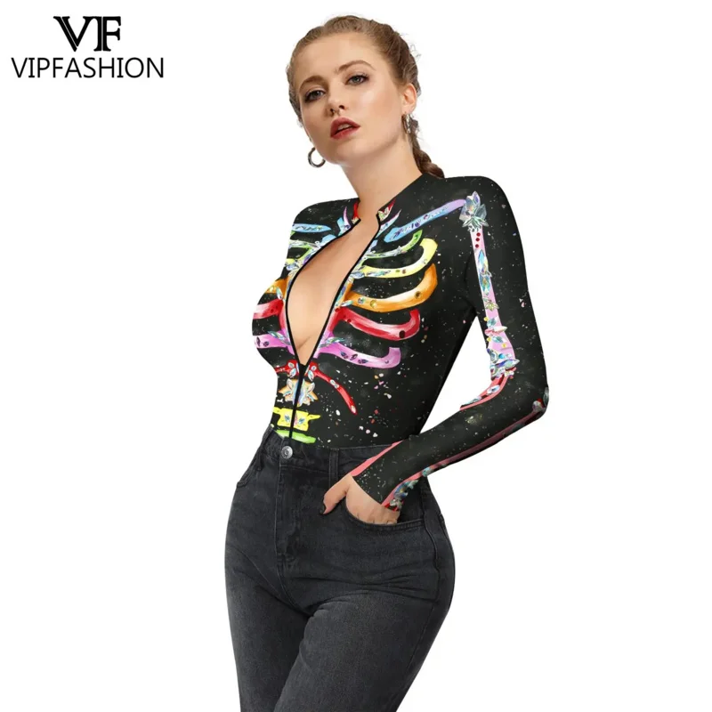 VIP FASHION Women Scary Skeleton Ghost Punk Print Halloween Long Sleeve Zentai Bodysuit Catsuit Sexy Swimsuits Cosplay Costumes