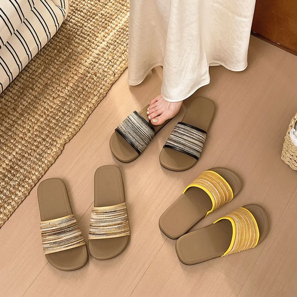 Boho Style Braided Slide Sandals Ladies Summer Flat Slippers Casual Daily Fashion Lightweight Beach Walking Footwear