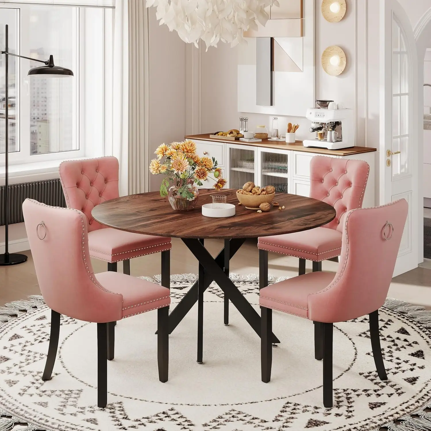 Round Wood Dining Set for 4, 47'' Rustic Farmhouse Circle Kitchen Table with 5 Pcs Tufted Chairs for Dining Room, Customized