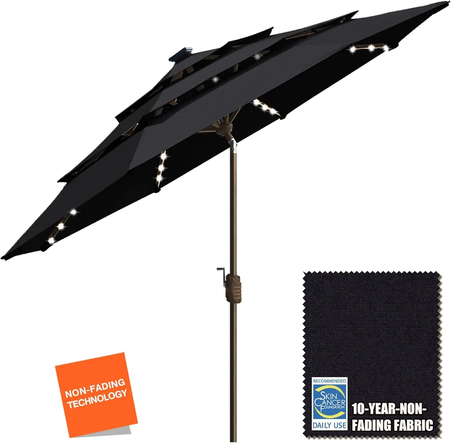 USA 10-Year-Non-Fading Solar 9ft 3 Tiers Market Umbrella with 80 LED Lights Patio Umbrellas Outdoor Table with Ventilation,Black