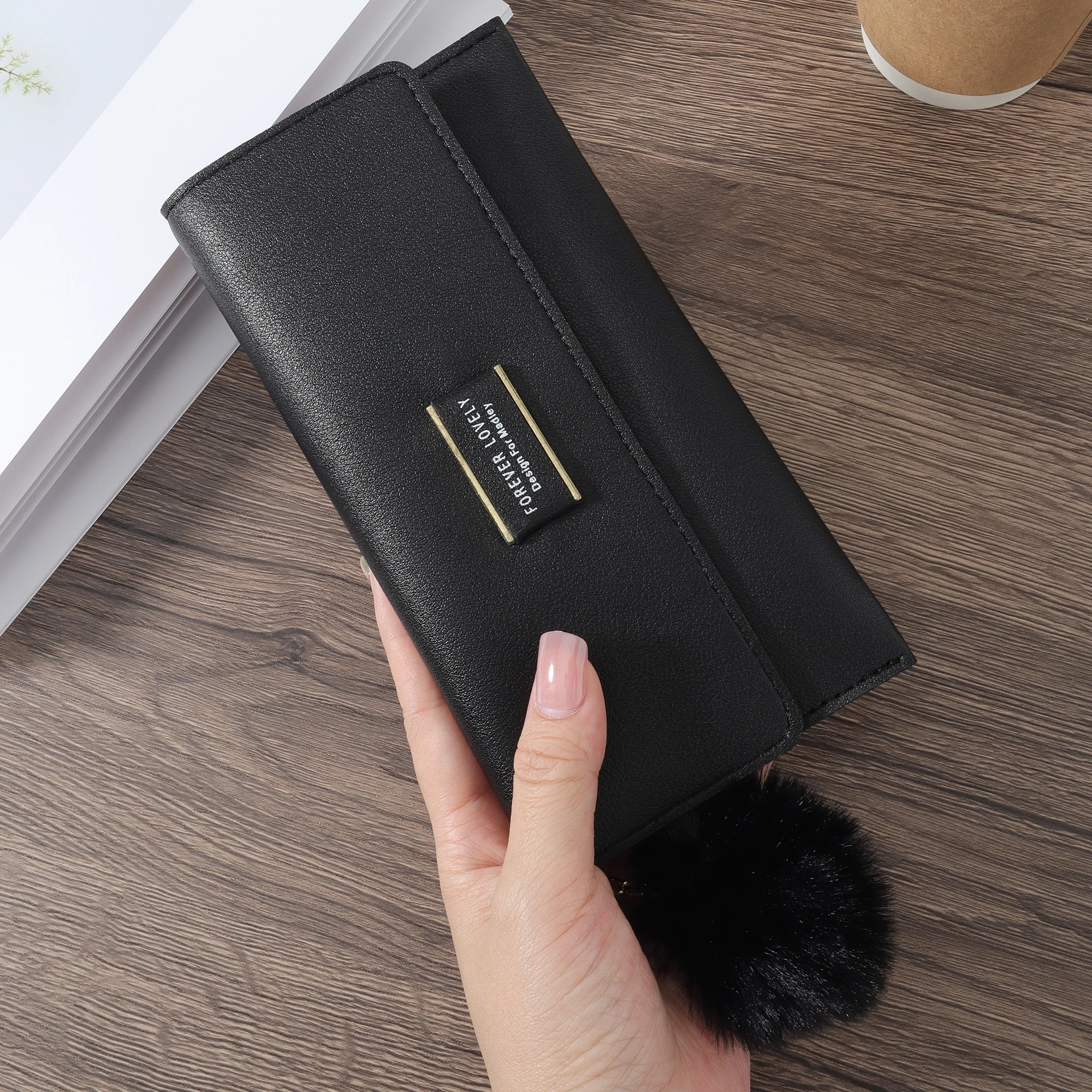 New Fashion Letter Hair Ball Decor Long Wallet Coin Pocket Long Wallet Bifold Women's Wallet with Multi Card Slot and Id Window