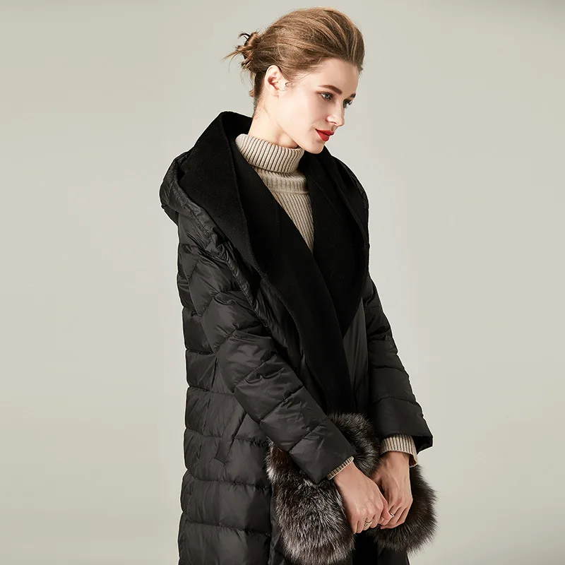 Blouson Long à capuche en Patchwork de laine pour femme, élégant, Slim et chaud, avec ceinture, parka en duvet, nouvelle collection automne hiver 2022