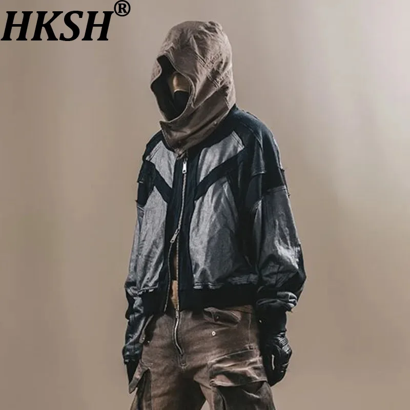 

HKSH Spring New Men's Spliced Mesh Layered Waste Land Hoodies Zipper Vintage Coated Zipper Hooded Cardigan Sweatshirt Ins HK0120