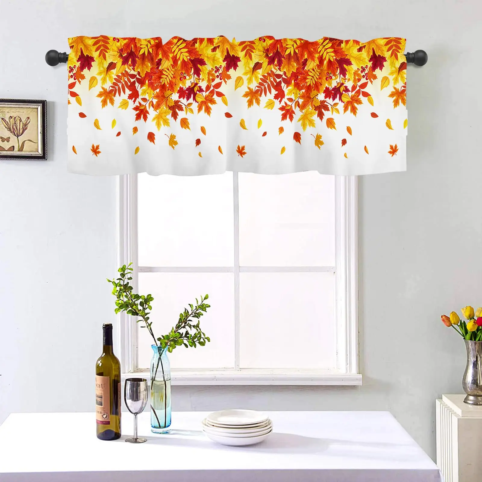 Fall Autumn Maple Leaves Curtains Valances Thanksgiving Harvest Rod Pocket Orange Leaf Kitchen Bathroom Living Room Decor