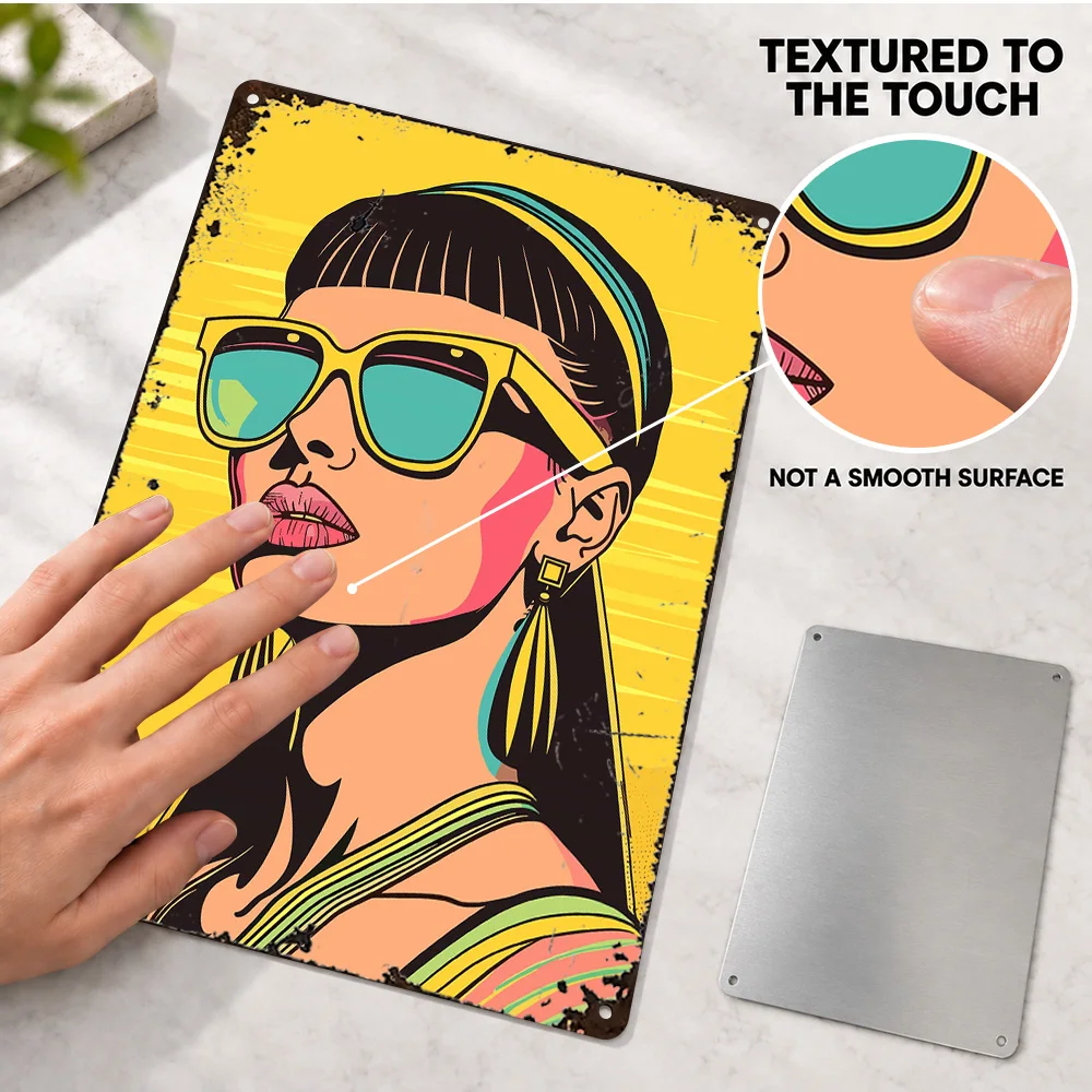 Woman In Sunglasses Aluminum Poster Personalized Metal Sign Retro Vector Illustration Wall Art For Lounge Nostalgia Lover Gift