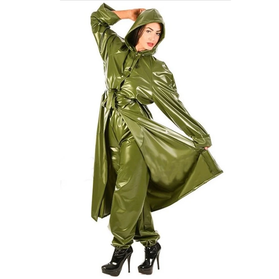 Natural Rubber Latex Men Women Army Green Long Windbreaker Wind Coat Pants with Cap Outer Garment Handmade Costumes S-LSW037