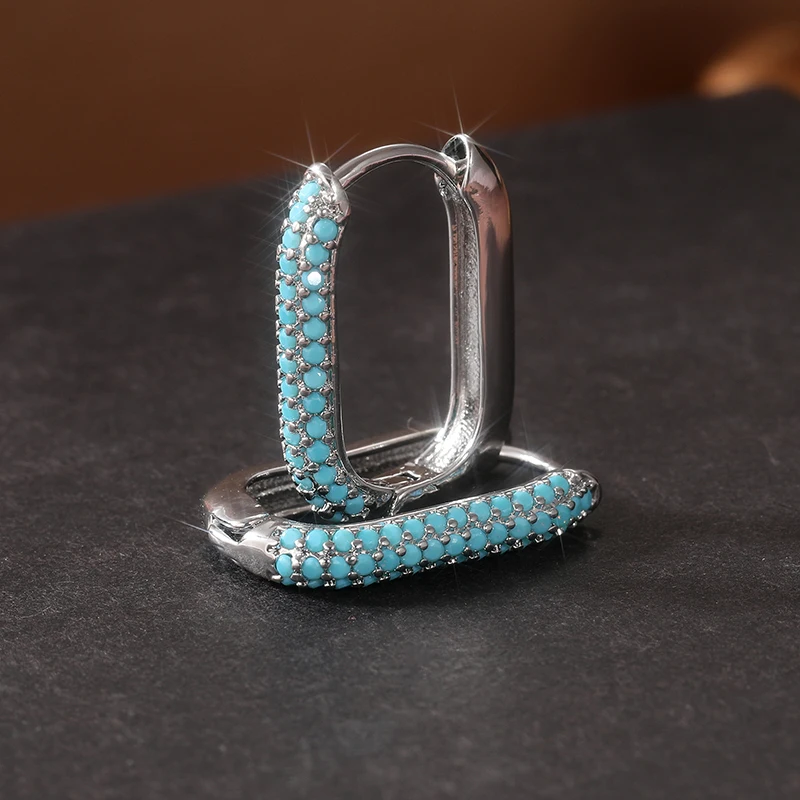 Exquisite Inlay Imitation Turquoise Hoop Earrings Fashion Silver Color U Shaped Earrings Wedding Jewelry For Women