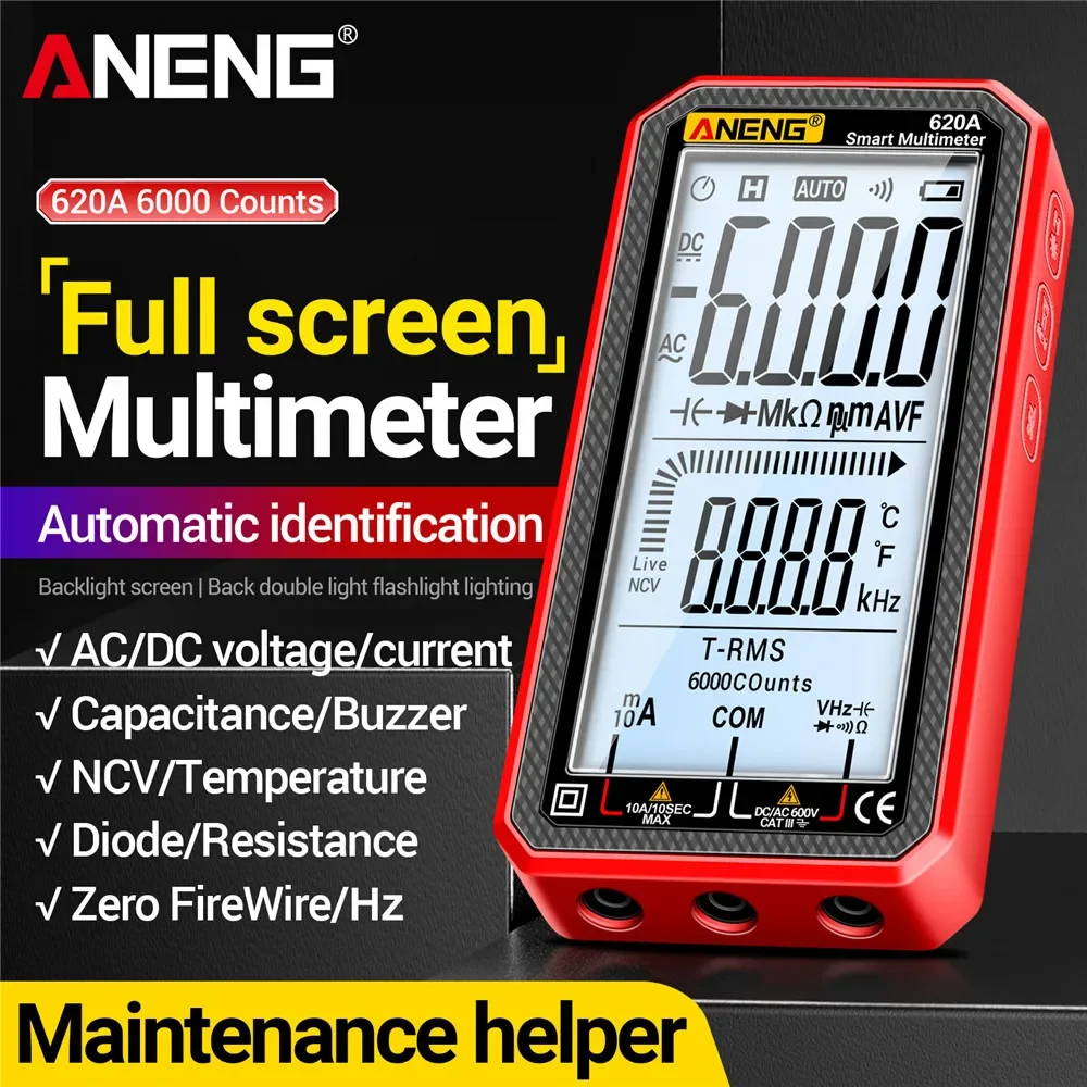 ANENG 620A Professional Full Screen Multimeter AC/DC Voltage Current Tester True RMS Diode Capacitor Temperature Resistance Hz M