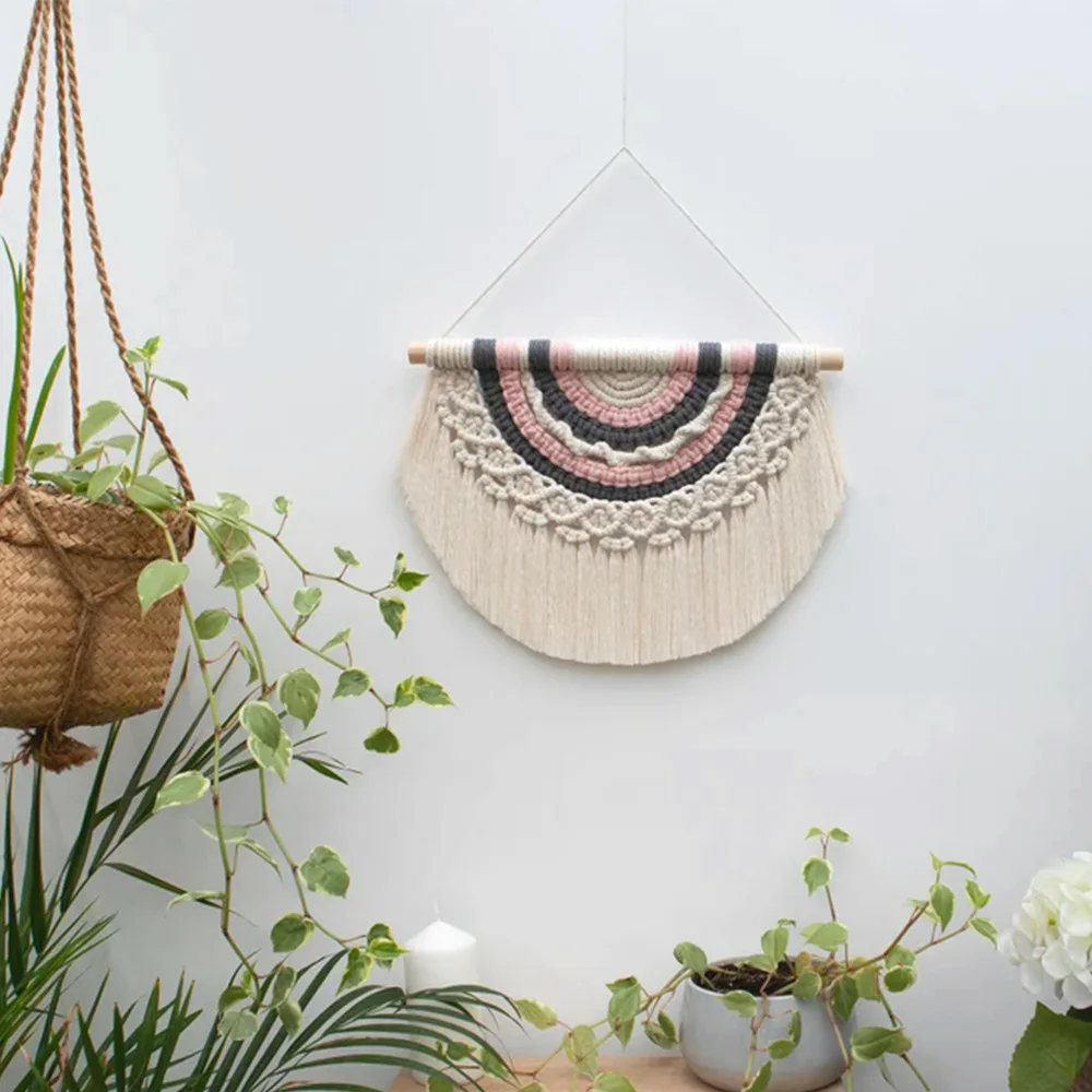 Nordic Style Macrame Wall Hanging Half Moon Tapestry Hand Woven Cotton Rope Tassel Wall Art Home Room Decor