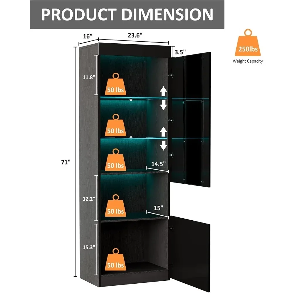 71in Display Cabinet Set of 2 LED Displays Cabinet with Glass Doors & 5 Tiers Adjustable Shelves Display Cabinets