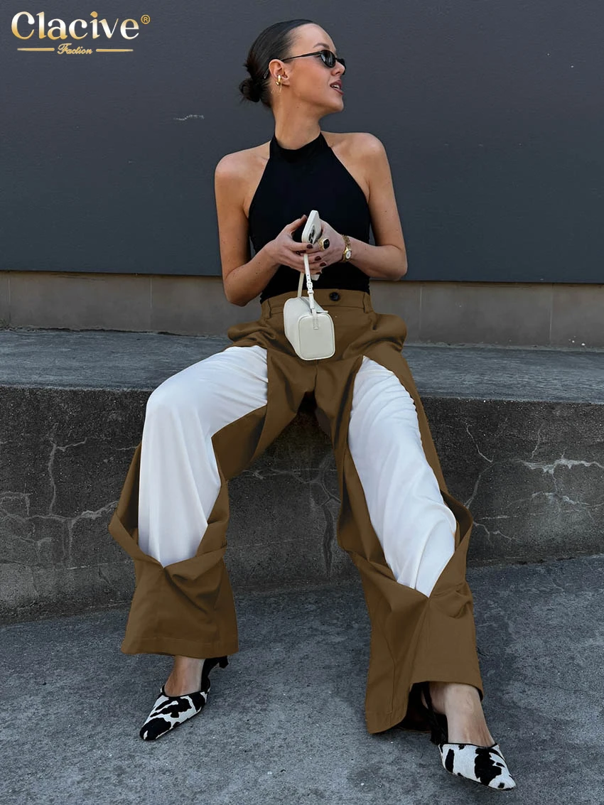 Clacive Fashion Loose Brown Women's Pants 2025 Vintage High Waist Wide Trousers Elegant Classic Patchwrok Pants Female Clothing