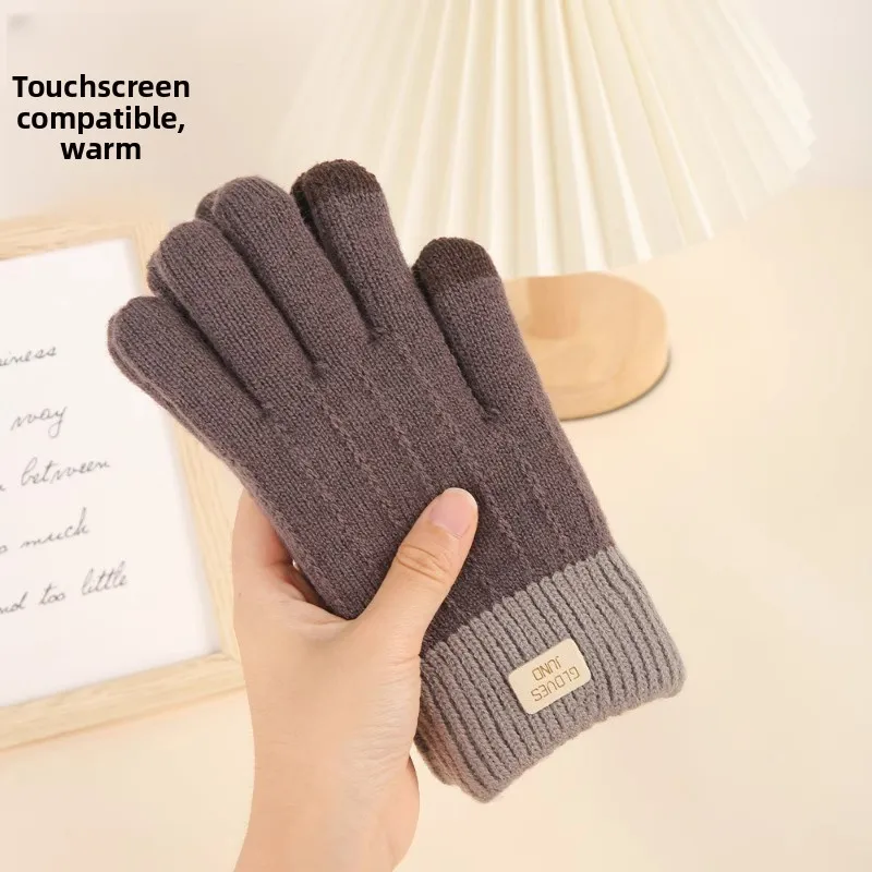 New Knitted Touch Screen Gloves Women's Full Finger Warm Thickened Velvet Couple Gloves Korean Version of Winter Cycling Gloves