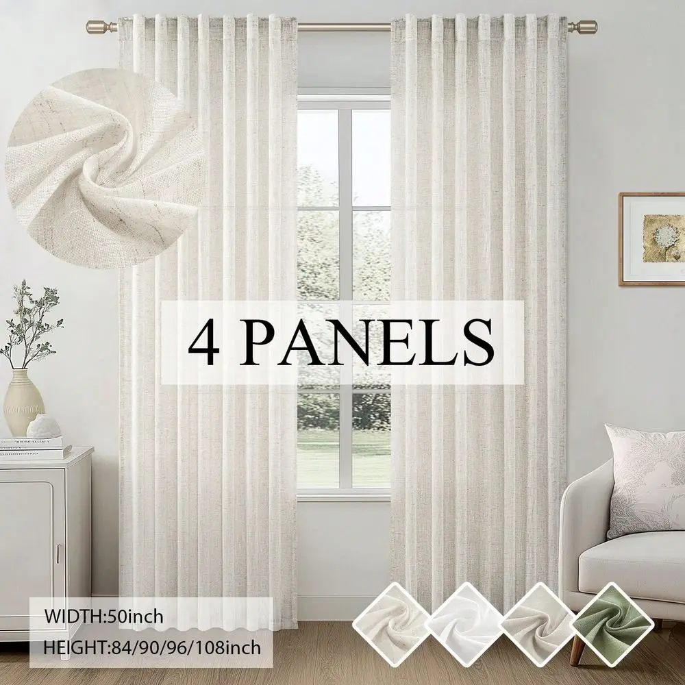 

4 Panels Natural Linen Blended Curtains Rod Pocket Back Tab Clip Rings Curtain Semi Transparent Privacy Rural Bohemian Farmhous