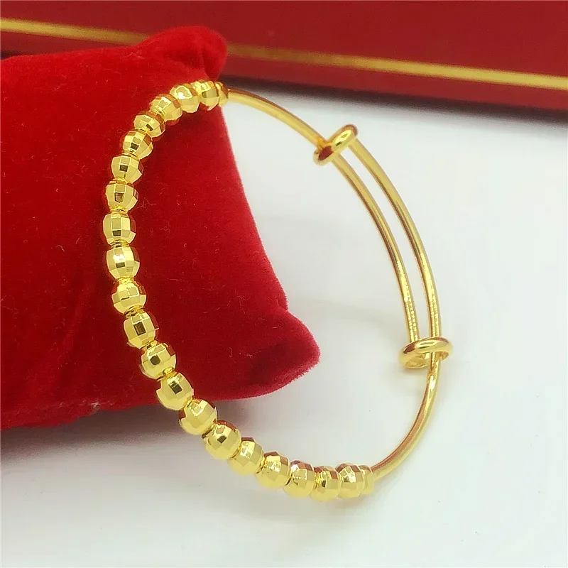 Bracelete estilo coreano banhado a ouro para mulheres, push-pull, miçangas sorte simples, 18k puro, ouro real 100% 24k, proibição feminina