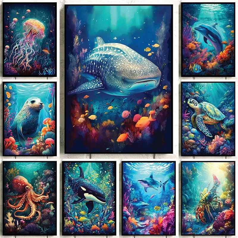 

Stunning Marine Animals Fish Turtle Shark Sea Animal Canvas Painting Kids Room Decor Posters Octopus Pictures Prints Wall Art