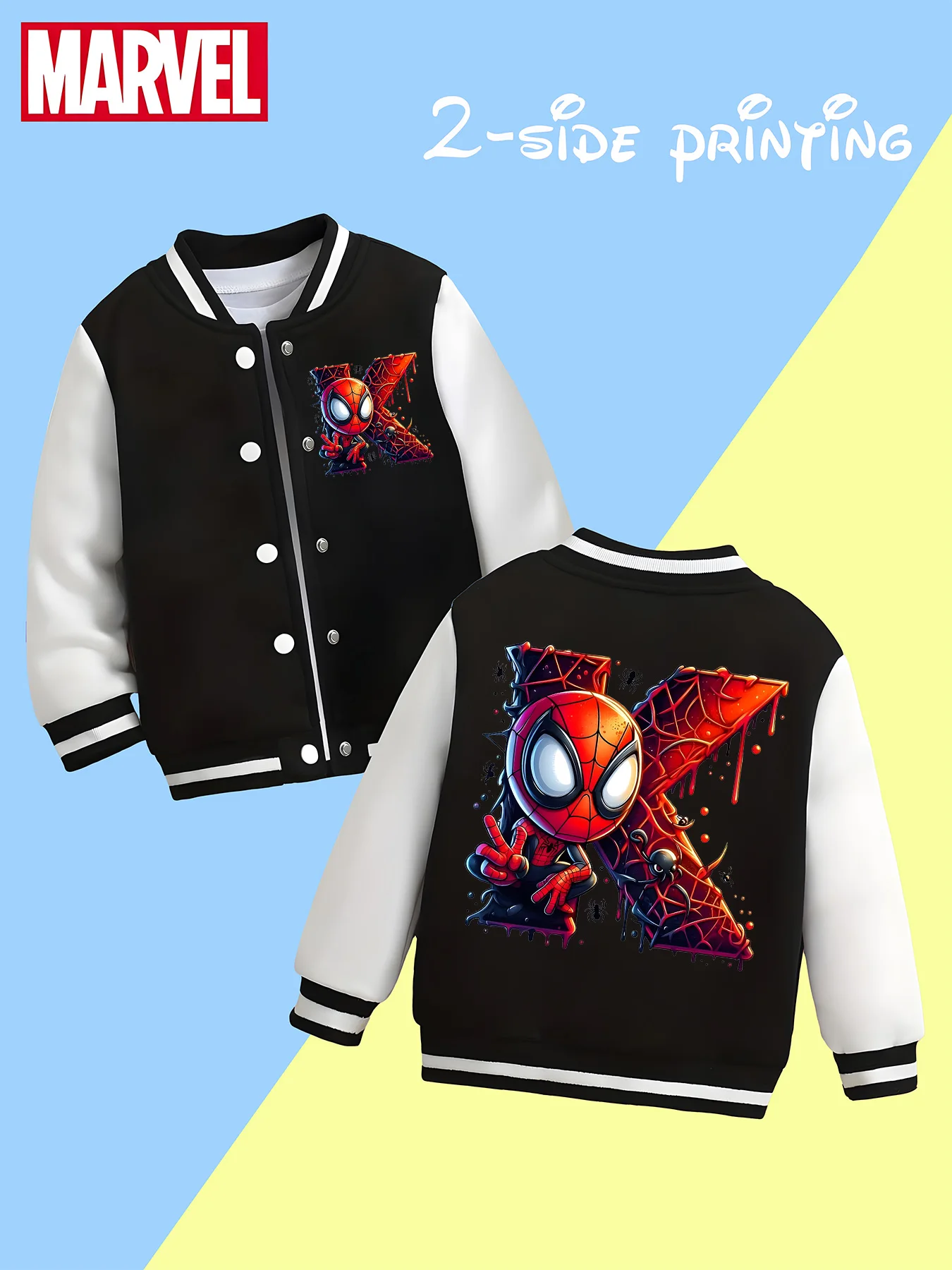 

MINISO Marvel Spider-Man Boys Baseball Jacket - Double-sided cute letter hero print, black and white, soft fabric, comfortable a