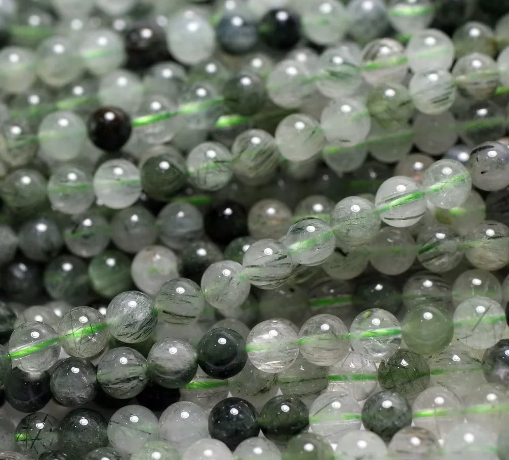 1 strands/set) 6-8mm natural Actinolite green rutilated quartz crystal smooth round beads stone for jewelry maki