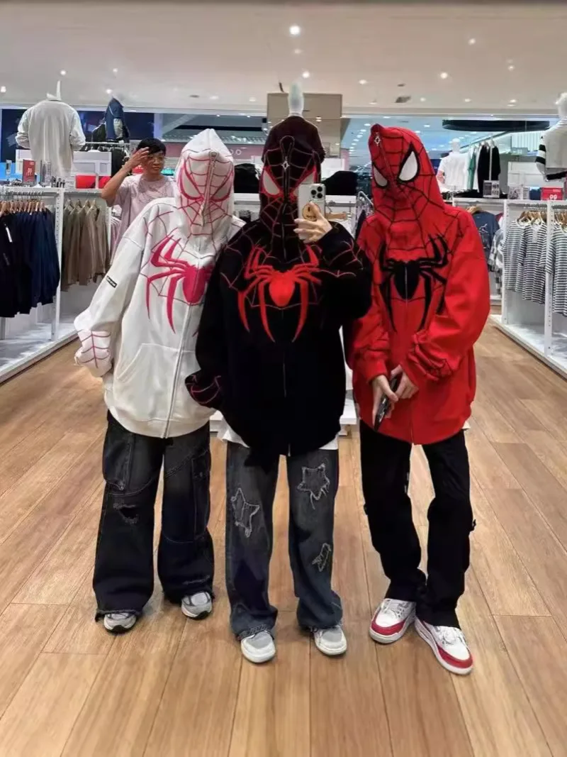 الشارع الشهير بلون الربيع الرجعية هوديس Y2K ملابس رجل إمرأة Harajuku الهيب هوب العنكبوت الجرافيك المتضخم بلوزات عادية