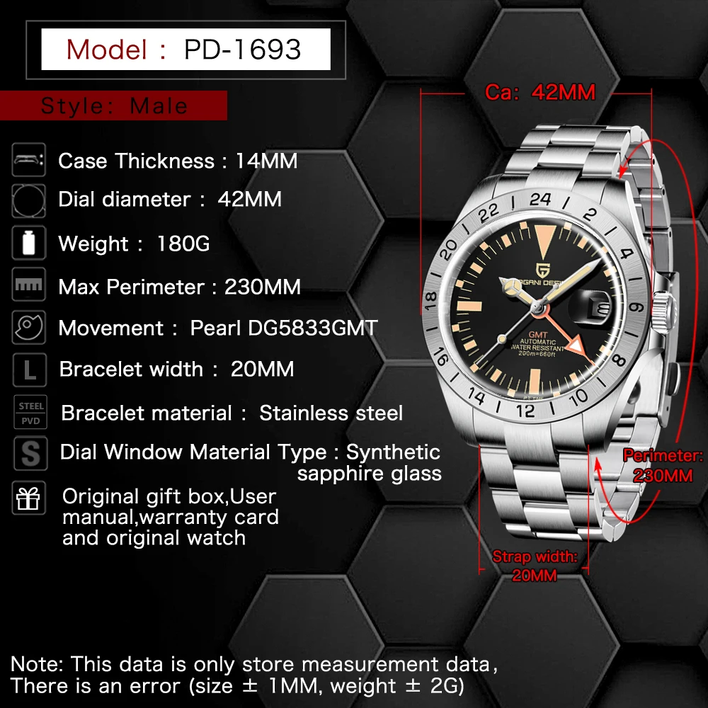 PAGANI DESIGN PD1693 Mens Luxury Automatic Mechanical Wristwatchs Stainless Steel Retro 42mm Sapphire Waterproof Reloj Hombre