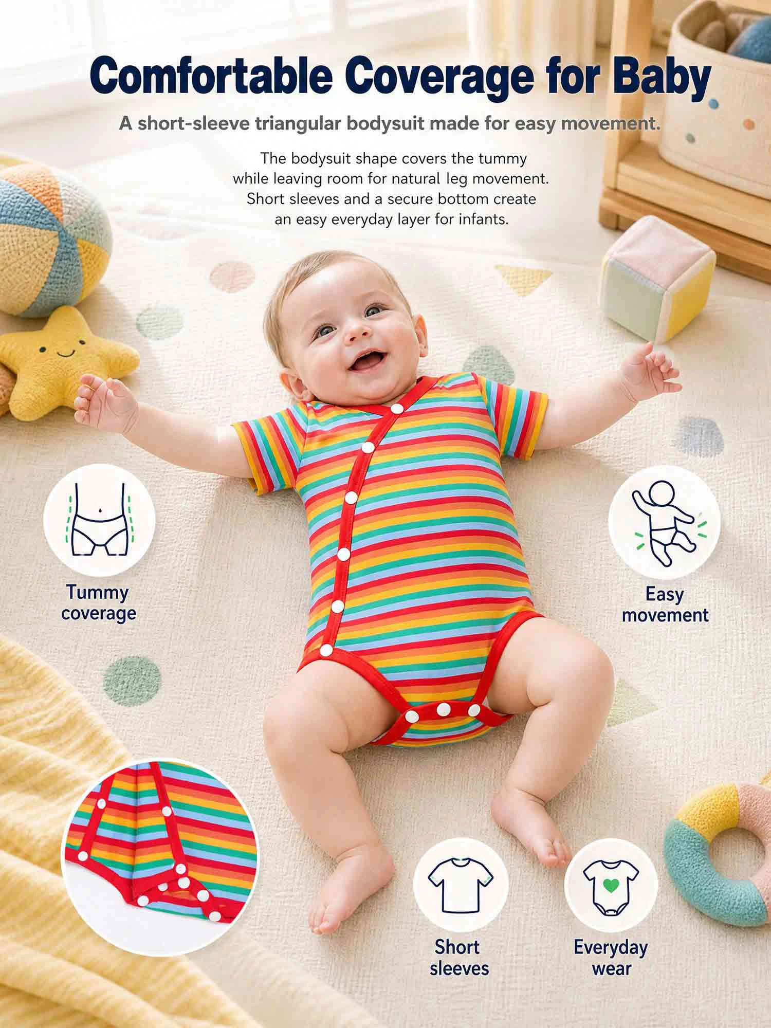 Baby Boys Girls Tube Feeding Adaptive Striped Romper Short Sleeve Press Button Closure Bodysuit for Outdoor Park Hospital