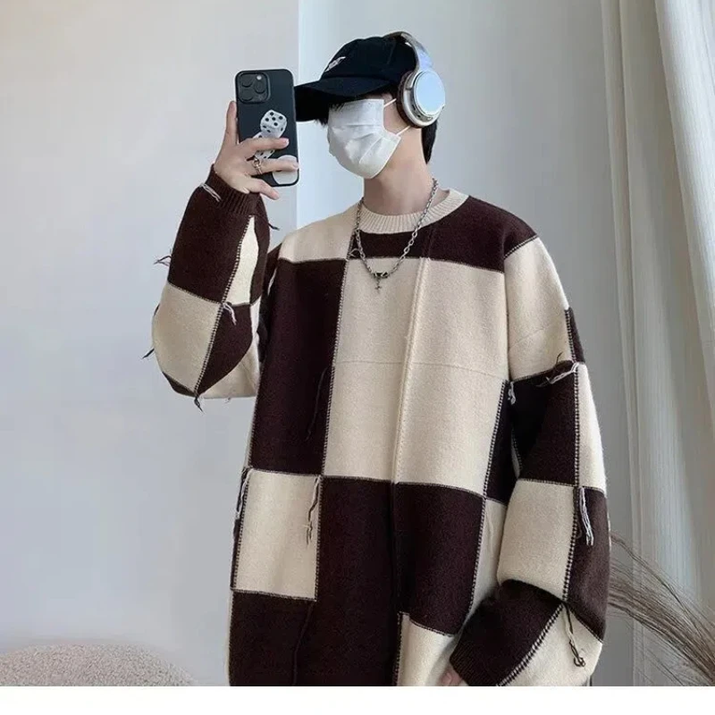 Plaid Sweater Men Spring and Autumn New Splicing Pullovers O-Neck Fashion Loose Minimalist Casual Long-sleeved Knitted Tops