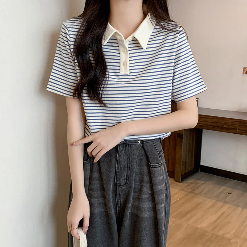 Korean Striped Short-sleeve T-shirt For Women Summer Fashion Cotton Button Turn-down Collar Tees Tops Slim Female Clothing