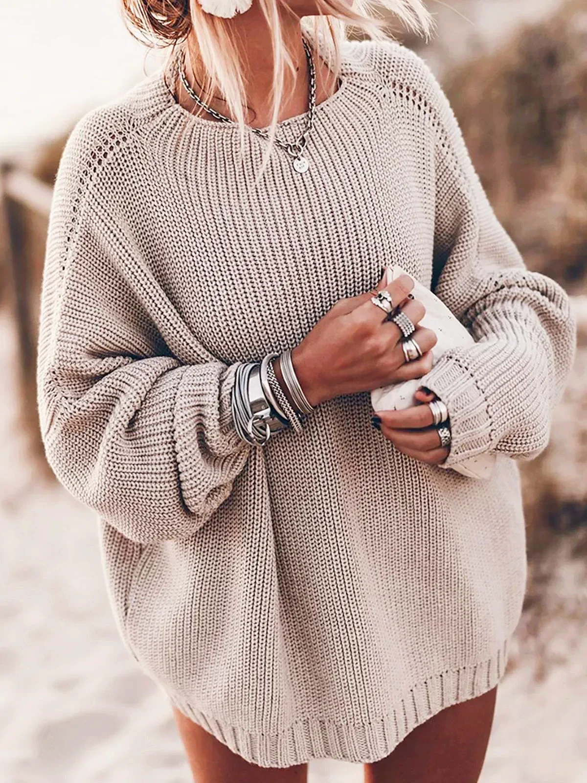 

Women Knit Sweaters Loose Autumn Winter Simple O-neck lady Causal Long Sleeve Solid New Pullover Versatile Jumpers Lugentolo