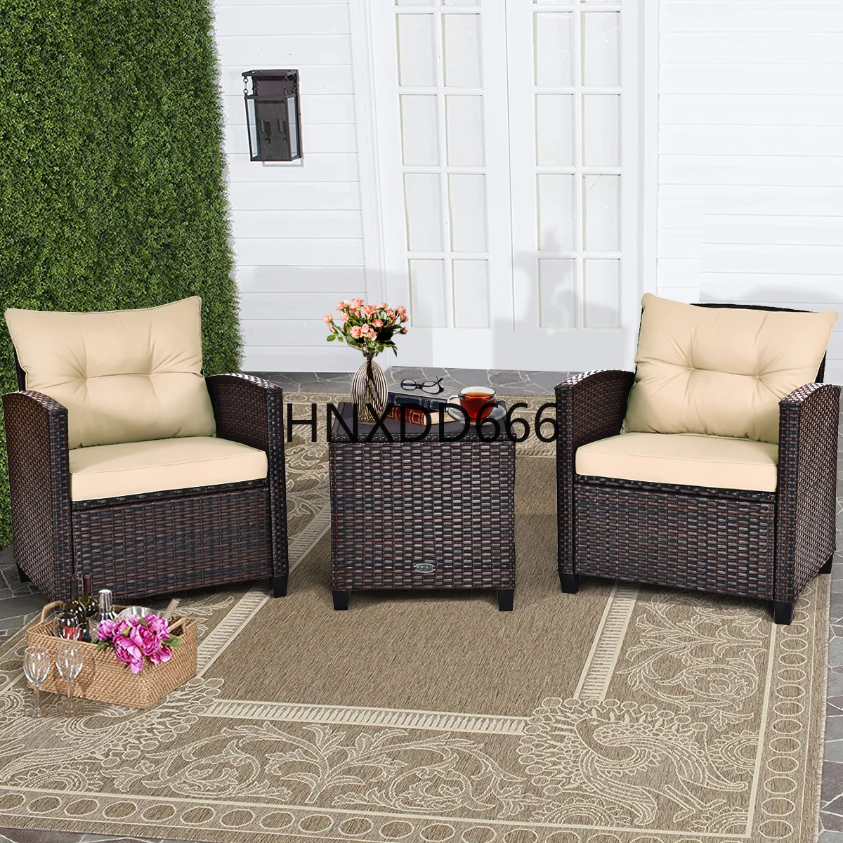 

3PCS Patio Rattan Furniture Set Cushioned Conversation Set Sofa Coffee Table