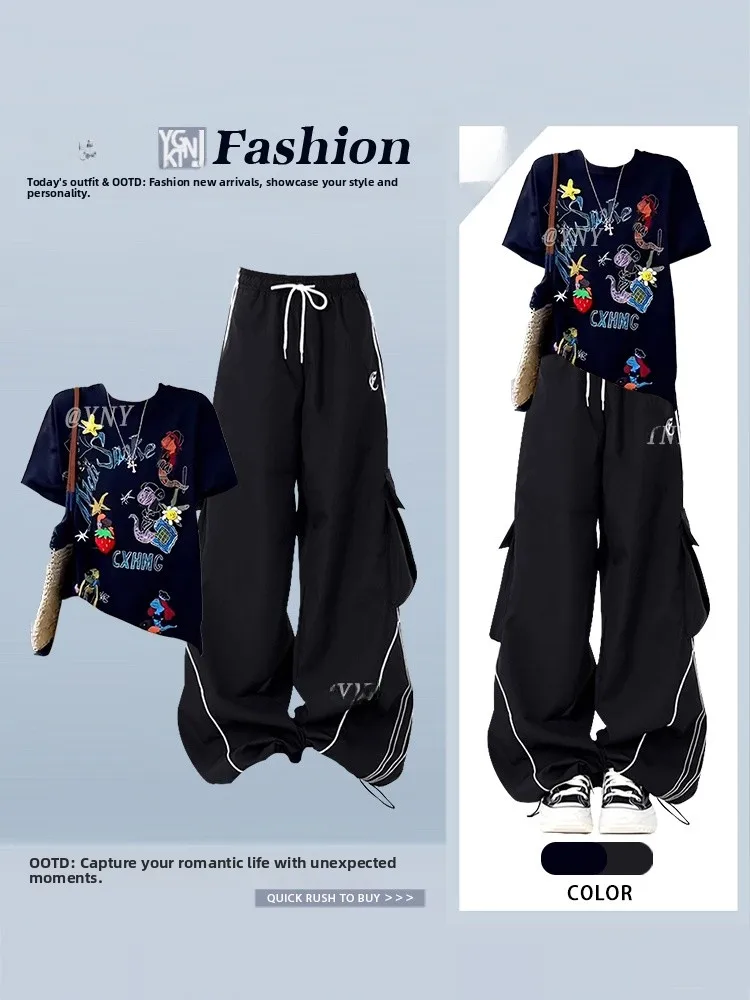 

Summer Short Sleeve Two-Piece Set American Street Style Salt System Hip Hop Trendy Commuter Student Fashion Casual round Neck...
